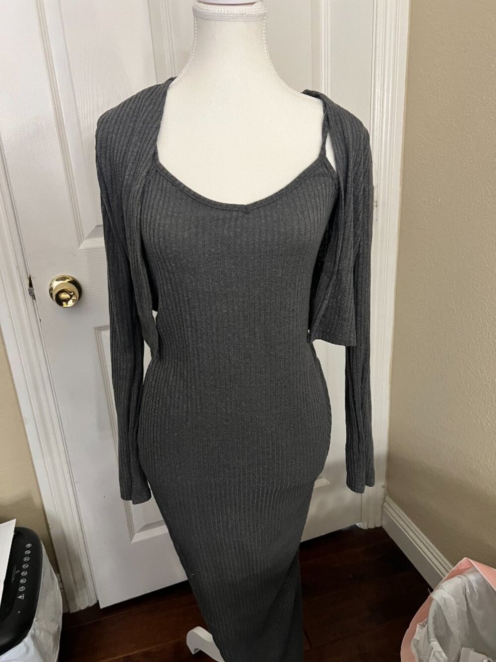 Zich Elegant Ribbed Knit Split-Thigh Dress Cardigan Set